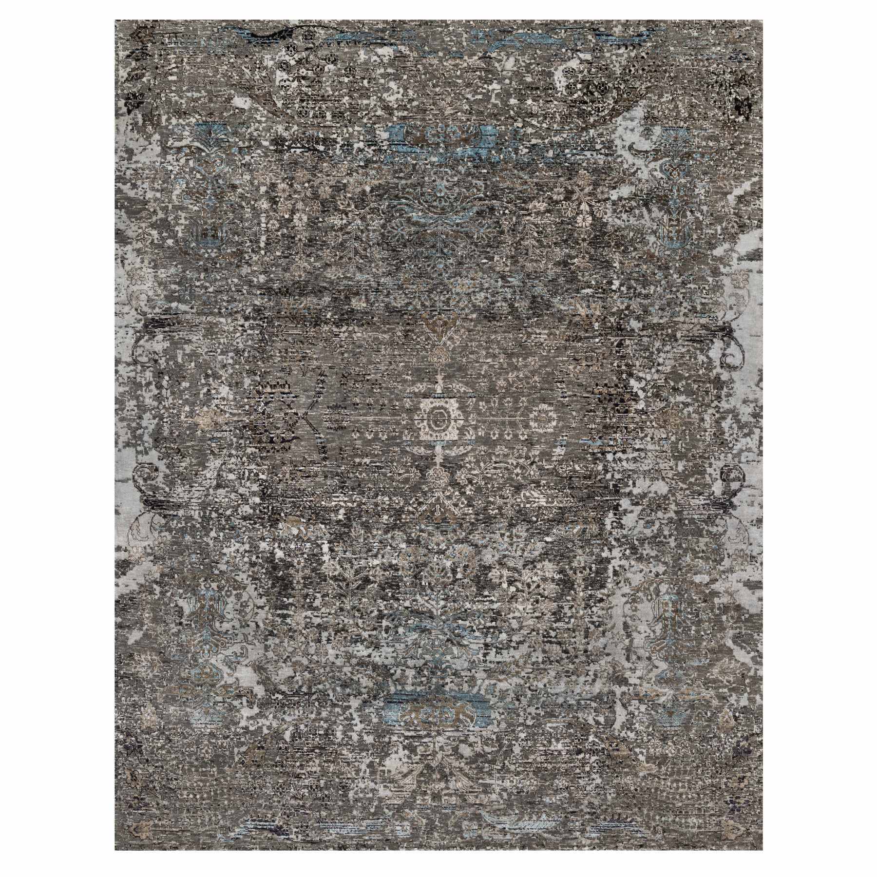 8'x9'10" Shades of Brown, Hand Knotted, Transitional Persian Influence Erased Medallion Design, Silk with Textured Wool, Oriental Rug 
